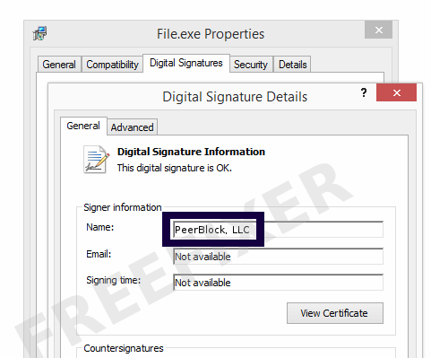 Screenshot of the PeerBlock, LLC certificate